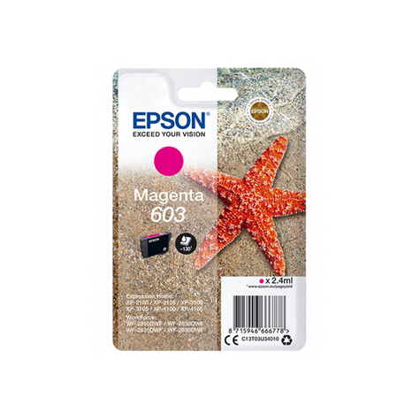 Epson singlepack magenta 603 ink - original - magenta - epson - expression home xp-2100 - xp-2105 - xp-3100 - xp-3105 - xp-4100 - xp-4105 - workforce wf-2850dwf,... - 1 pièce(s) - rendement standard
