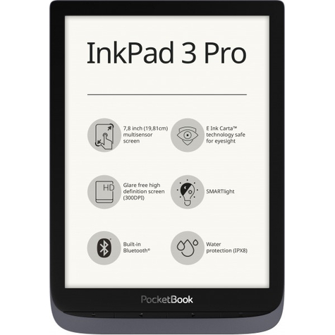 Pocketbook inkpad 3 pro - 19,8 cm (7.8) - e ink carta - 1404 x 1872 pixels - cbr,cbz,chm,doc,docx,djvu,epub drm,fb2,fb2.Zip,htm,html,mobi,pdf,prc,rtf,txt - mp3 - bmp,jpeg,png,tif