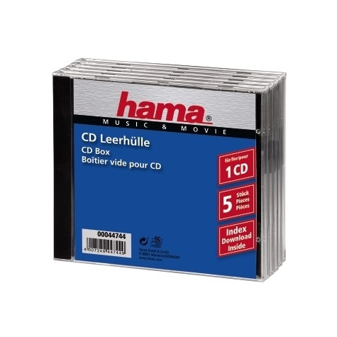 Hama boîtier cd jewel standard - pack 5 - coque en c - 1 disques - noir - transparent - polystyrène - 140 mm - 10,4 mm