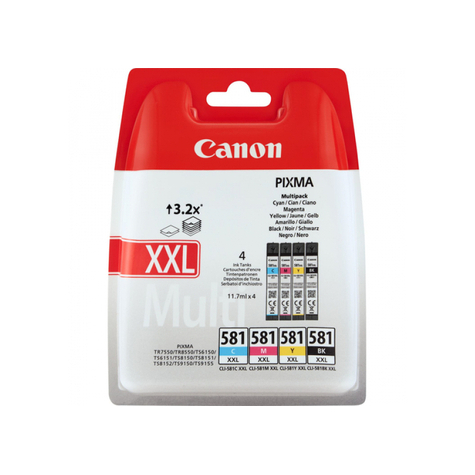 Canon cli-581xxl multipack - original - encre à pigments - noir - cyan - magenta - jaune - canon - pixma ts8152 pixma ts8150 pixma ts6150 pixma ts8151 pixma ts6151 pixma ts9150 pixma ts9155 pixma... 11,7 ml